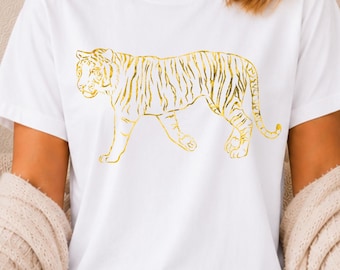 Gold Foil Tiger T-Shirt, Foil Mascot Game Day Tee, Shiny Tiger T-Shirt, Gift for Tiger Fan, Standing Tiger