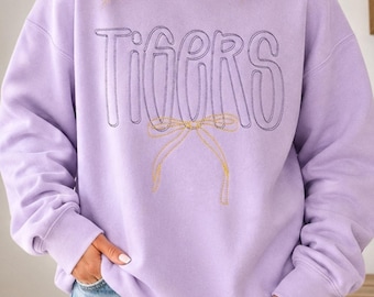 Tigers Embroidered Sweatshirt, Sketch Bow Tigers Crewneck, Purple School Spirit Sweatshirt, Game Day Pullover, Tiger Fan Gift
