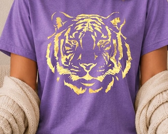 Gold Foil Tiger Face T-Shirt, Game Day Mascot Tee, Custom Tiger Shirt