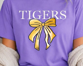 Custom Mascot Bow T-Shirt, School Spirit Shirt, Game Day Tee, Tigers Eagles Shirt, Cute Team Shirt, Personalized Mascot Tee