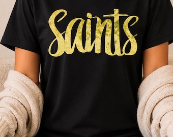 Saints T-Shirt, Adult and Youth Matching Saints Tee, Black and Gold Foil Saints Tee, Shiny Kids Saints Shirt