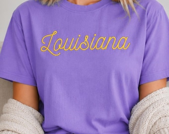 Embroidered Louisiana T-Shirt, Embroidered State Name Shirt, State of Louisiana Crewneck Tee, Script State Embroidered Shirt
