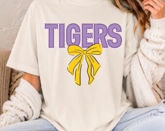 Tigers Bow Shirt, Purple Game Day Tee, School Spirit Shirt, Cute Football Shirt, Sports Mom Shirt, Tigers Mascot Bow T-Shirt