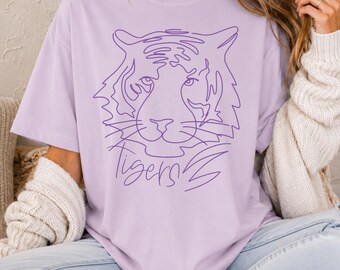 Scribble Tiger Face T-Shirt, Purple Tiger Mascot Shirt, Line Drawing Tiger Design, Family Matching Tiger Shirts