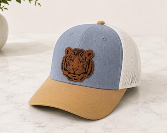 Tiger Patch Hat, Two-Tone Trucker Hat, Tiger Leather Patch Hat, Louisiana Tiger Cap