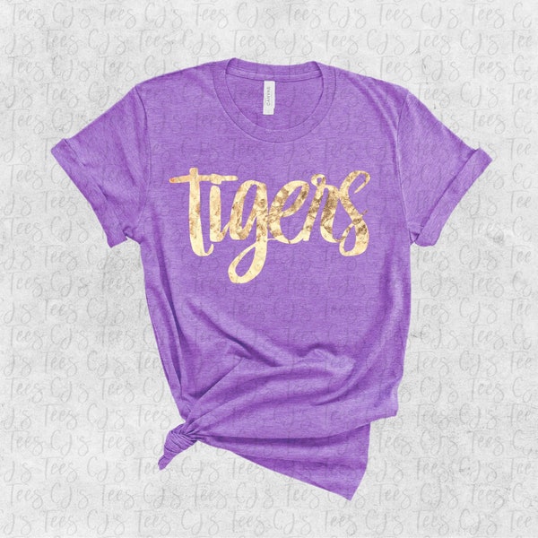 Camiseta y camiseta sin mangas de los Tigres, Camiseta con la mascota de los Tigres de lámina dorada, Camiseta de los Tigres brillante