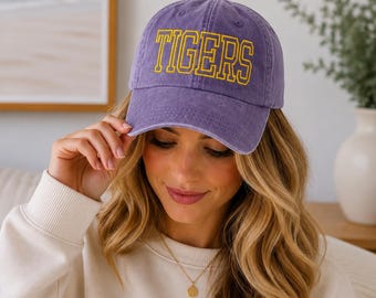 Purple Vintage Washed Embroidered Hat, Retro Tigers Cap, Garment Washed Baseball Hat, Custom Gameday Hat