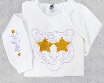 Starry Eye Tiger Sweatshirt, Gold Glitter Stars, Embroidered Sleeve, Preppy Tiger Crewneck