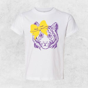 Toddler and Youth Tigers Shirt, Purple and Gold Toddler Shirt, Kids Tiger Shirt, Girl Tiger with Bow