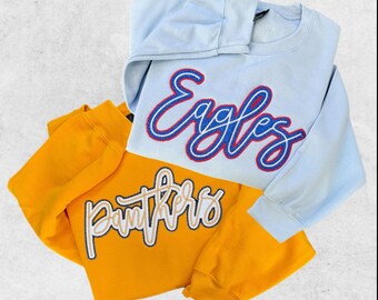 Custom Glitter Script Mascot Shirt, Embroidered Team Sweatshirt, School Spirit Shirt, Game Day Tee, Personalized Team Name Shirt