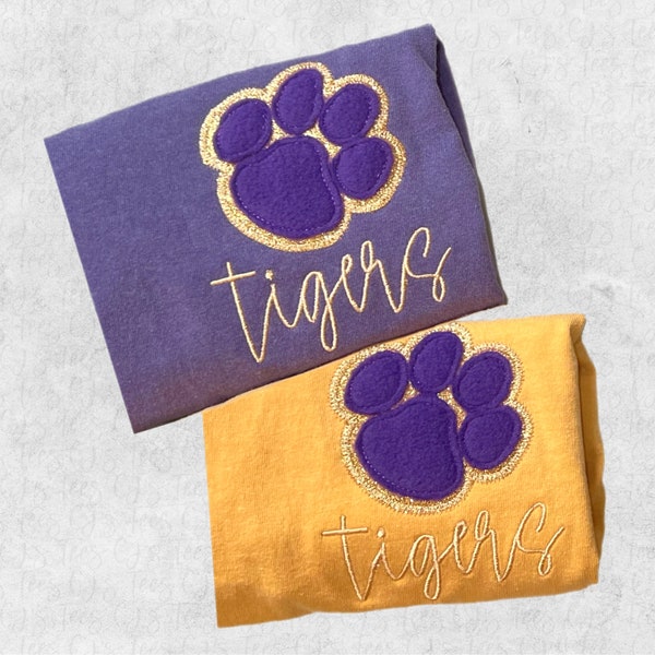 Textured Glitter Appliqué Tigers Shirt, Embroidered Tigers Game Day Shirt, Purple Tiger Paw Tee