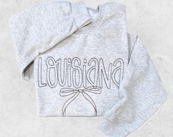 Custom State Sweatshirt with Bow, Personalized State Name Crewneck, Sketch Outline State Shirt, Location Sweatshirt, Travel Sweater