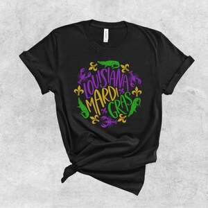 Louisiana Mardi Gras T-Shirt, LA Mardi Gras Crawfish, Alligator, Fleur de Lis, Cajun Mardi Gras T-Shirt