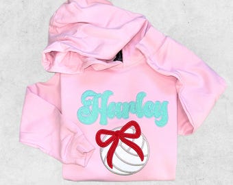 Personalized Youth Volleyball Hoodie, Kids Custom Name Sweatshirt, Glitter Bow Team Shirt, Volleyball Mom Sweater