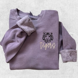 Tiger Face Embroidered Sweatshirt, Purple Tigers Sweatshirt, Orange Embroidered Tiger Sweatshirt, Custom Tiger Mascot Sweatshirt