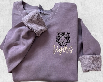 Tiger Face Embroidered Sweatshirt, Purple Tigers Sweatshirt, Orange Embroidered Tiger Sweatshirt, Custom Tiger Mascot Sweatshirt