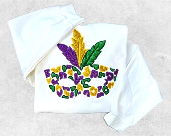 Sparkly Masquerade Mardi Gras Sweatshirt, Purple Green and Gold Glitter Parade Shirt, Glitter Appliqué Mardi Gras Mask Sweatshirt