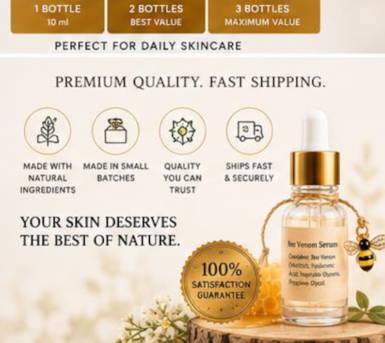 May include: A clear glass dropper bottle of Bee Venom Serum with a gold cap and a small bee charm attached to the neck. The label lists ingredients including Bee Venom, Hyaluronic Acid, Vegetable Glycerin, and Peppermint Oil. The bottle is 10 ml.