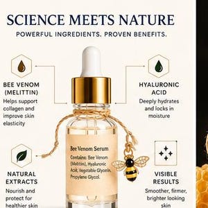 May include: A clear glass dropper bottle labeled Bee Venom Serum with a gold cap and a small bee charm tied with twine. The text reads Science Meets Nature, Powerful Ingredients, Proven Benefits, Bee Venom, Hyaluronic Acid, Natural Extracts, and Visible Results.