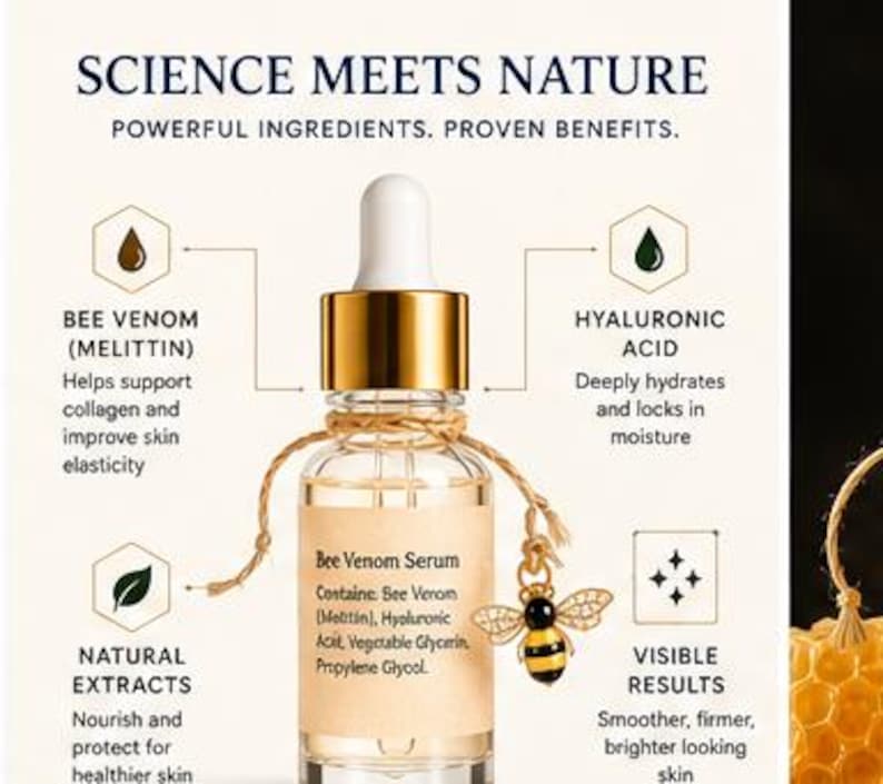 May include: A clear glass dropper bottle labeled Bee Venom Serum with a gold cap and a small bee charm tied with twine. The text reads Science Meets Nature, Powerful Ingredients, Proven Benefits, Bee Venom, Hyaluronic Acid, Natural Extracts, and Visible Results.