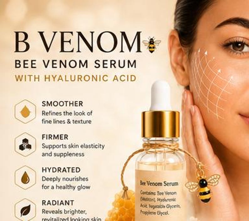 K&ouml;nnte beinhalten: Eine klare Glasflasche mit B Venom Bienenvenum-Serum mit Hyalurons&auml;ure, ausgestattet mit einem goldenen Verschluss und einer wei&szlig;en Pipette. Ein kleiner Bienenanh&auml;nger h&auml;ngt an einer Schnur um den Flaschenhals. Das Etikett listet die Inhaltsstoffe auf.