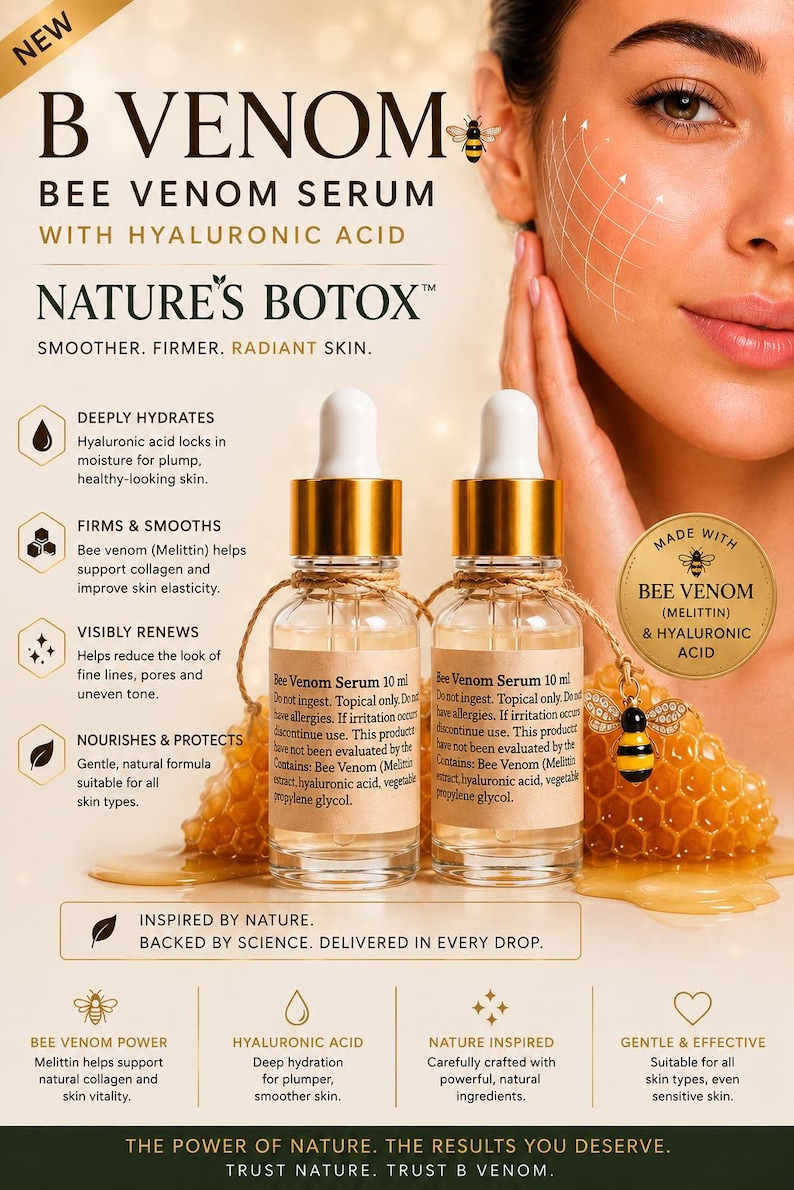 May include: Two clear glass dropper bottles of B Venom Bee Venom Serum with Hyaluronic Acid, each labeled 10 ml. The bottles feature gold caps and are positioned in front of a honeycomb structure with a small bee charm attached to the twine.