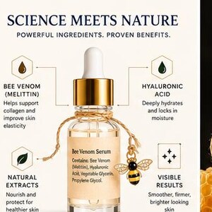 K&ouml;nnte beinhalten: Eine klare Glastropfflasche mit der Aufschrift Bee Venom Serum, einem goldenen Verschluss und einem kleinen Bienenanh&auml;nger an einer Schnur. Der Text lautet Science Meets Nature, Powerful Ingredients, Proven Benefits, Bee Venom, Hyaluronic Acid, Natural Extracts und Visible Results.
