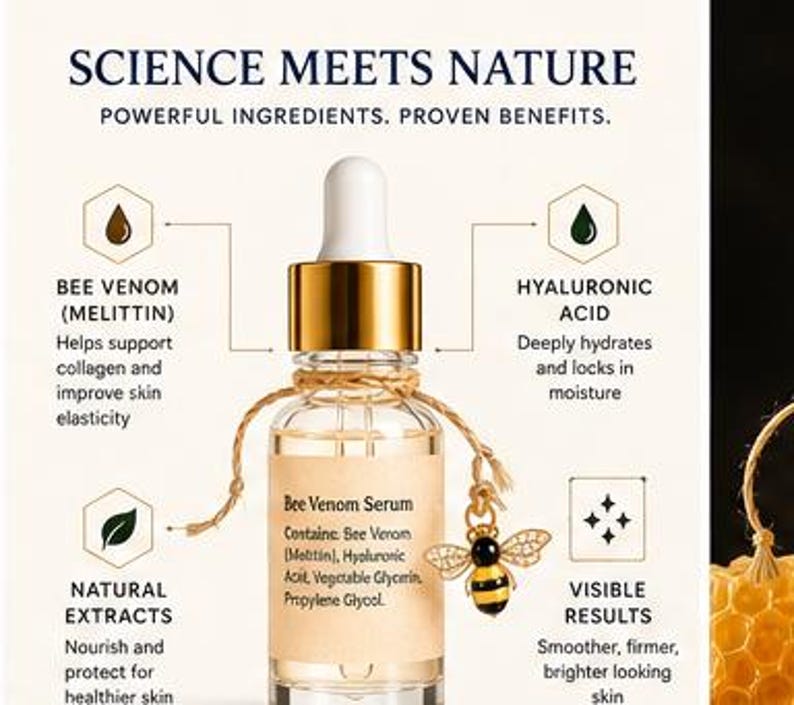 K&ouml;nnte beinhalten: Eine klare Glastropfflasche mit der Aufschrift Bee Venom Serum, einem goldenen Verschluss und einem kleinen Bienenanh&auml;nger an einer Schnur. Der Text lautet Science Meets Nature, Powerful Ingredients, Proven Benefits, Bee Venom, Hyaluronic Acid, Natural Extracts und Visible Results.