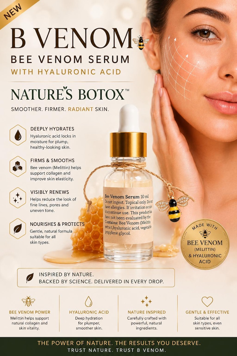 K&ouml;nnte beinhalten: Eine 10 ml Glasflasche mit B Venom Bienengift-Serum und Hyalurons&auml;ure, ausgestattet mit einem goldenen Tropfverschluss, einer Kordel mit Bienenanh&auml;nger und einem Etikett mit Inhaltsstoffen, pr&auml;sentiert mit Waben-Grafiken und Text.