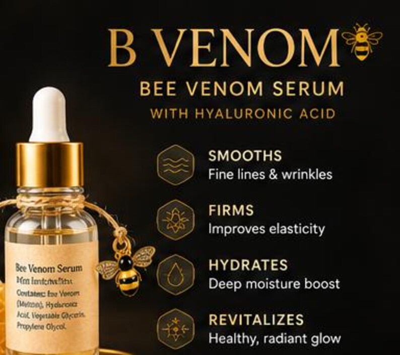 May include: A clear glass dropper bottle of B Venom Bee Venom Serum with Hyaluronic Acid. The label lists ingredients including bee venom and hyaluronic acid. A small gold bee charm hangs from the bottle neck. Text highlights benefits: smooths fine lines, firms, hydrates, and revitalizes.