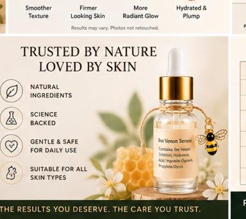 K&ouml;nnte beinhalten: Eine klare Glastropfflasche mit der Aufschrift Bee Venom Serum, einem goldenen Verschluss und einem kleinen Bienenanh&auml;nger an einer Schnur. Der Text lautet Trusted by Nature Loved by Skin, Natural Ingredients, Science Backed, Gentle & Safe.