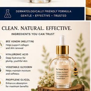K&ouml;nnte beinhalten: Eine klare Glastropfflasche mit der Aufschrift Bee Venom Serum, einem goldenen Verschluss und einem kleinen Bienenanh&auml;nger an einer Schnur. Das Etikett listet Inhaltsstoffe wie Bienengift, Hyalurons&auml;ure, pflanzliches Glycerin und Propylenglykol auf.