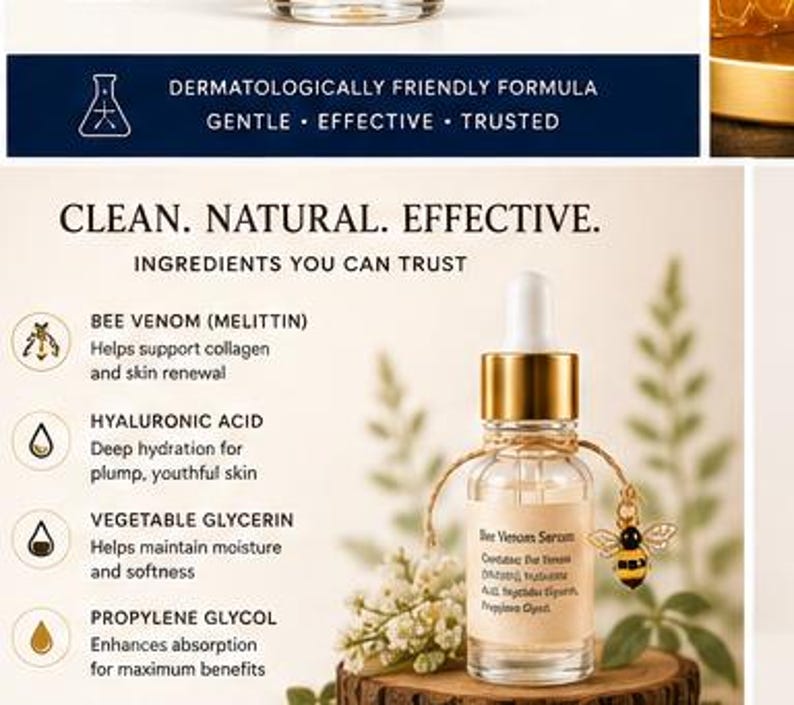 K&ouml;nnte beinhalten: Eine klare Glastropfflasche mit der Aufschrift Bee Venom Serum, einem goldenen Verschluss und einem kleinen Bienenanh&auml;nger an einer Schnur. Das Etikett listet Inhaltsstoffe wie Bienengift, Hyalurons&auml;ure, pflanzliches Glycerin und Propylenglykol auf.