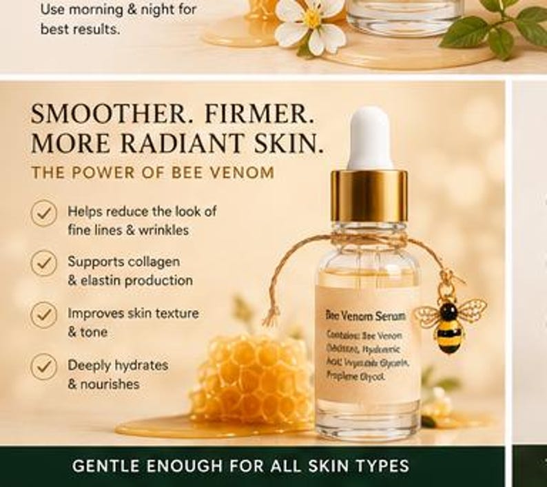 May include: A clear glass dropper bottle of Bee Venom Serum with a gold cap and a small bee charm tied with twine. The label lists ingredients including bee venom, hyaluronic acid, vegetable glycerin, and propylene glycol. A honeycomb sits nearby.