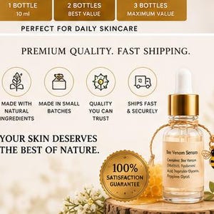 K&ouml;nnte beinhalten: Eine klare Glastropfflasche mit Bienengiftserum, goldenem Verschluss und einem kleinen Bienenanh&auml;nger am Flaschenhals. Das Etikett listet Inhaltsstoffe wie Bienengift, Hyalurons&auml;ure, pflanzliches Glycerin und Pfefferminz&ouml;l auf. Die Flasche enth&auml;lt 10 ml.