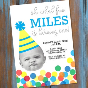 Baby Face Photo First Birthday Party Invitation with Rainbow Confetti & Party Hat Design - Boy 1st Birthday Invite - Personalized Printable