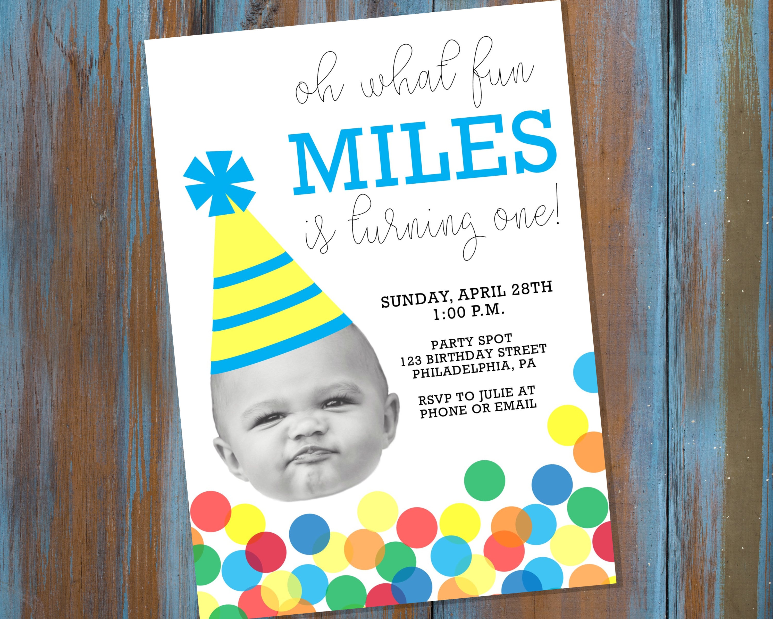 Baby Face Photo First Birthday Party Invitation with Rainbow | Etsy