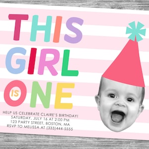 First Birthday Invitation | Girl Birthday Invitation | Photo Invite | Baby Photo Face with Party Hat and Rainbow Colors | Rainbow Stripes