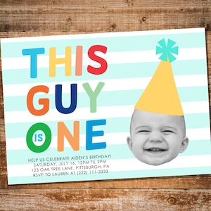 First Birthday Invitation | Boy Birthday Invitation | Photo Invite | Baby Photo Face with Party Hat and Rainbow Colors