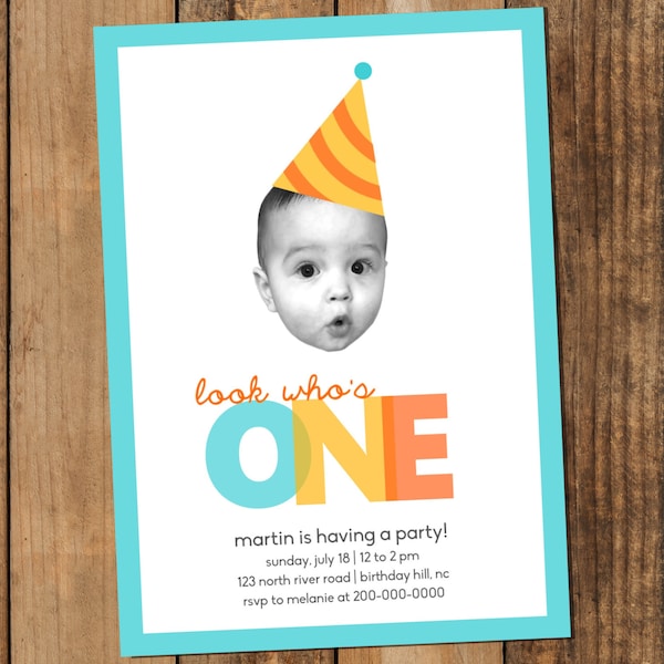 First Birthday Invitation | Boy Birthday Invitation | Photo Invite | Baby Photo Face with Party Hat and Bright Colors - Printable Digital