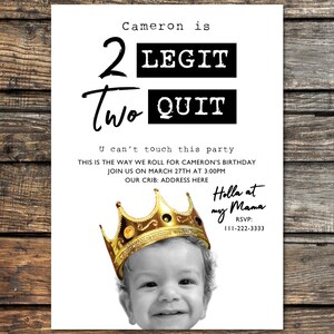 Two Legit Second Birthday, Two Legit To Quit 2nd Birthday Invite, 2 Legit 2 Quit, 90s Hip Hop Party Invitation, Personalized Photo Invite image 2
