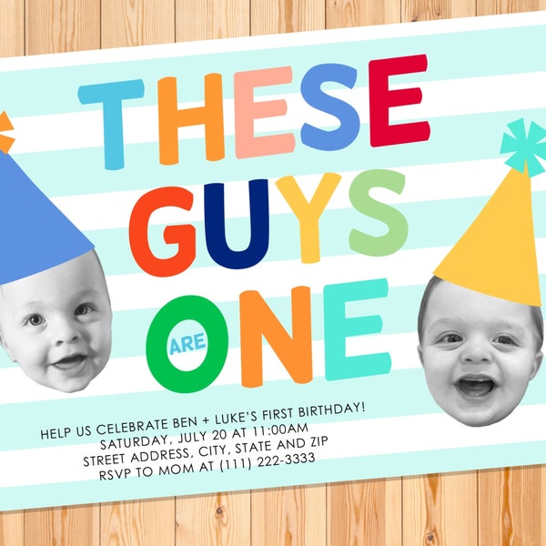 Twins First Birthday Invitation | Twin Boys Birthday Invitation | Photo Invite | Baby Photo Face with Party Hat and Rainbow Colors
