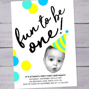 Party Hat Baby Face Photo First Birthday Party Invitation with Confetti - Unique and Colorful - Playful Boy 1st Birthday Invite - Printable
