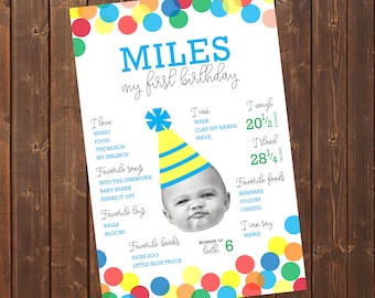 Milestone Board, First Birthday Poster, Printable Milestone Sign, Rainbow Confetti Boys 1st Birthday, Photo Poster