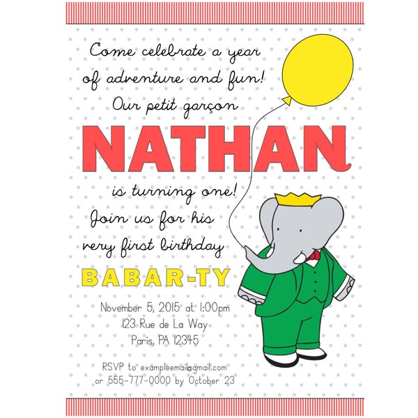 Babar Inspired Birthday Invitation - Digital Printable File