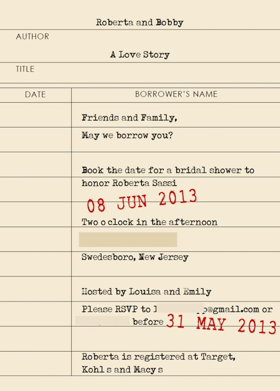 Library Card / Book Theme Shower Invitation Digital File 