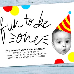 Unique Baby Face Photo First Birthday Party Invitation with Confetti & Party Hat - Boy 1st Birthday Invite - Personalized Printable