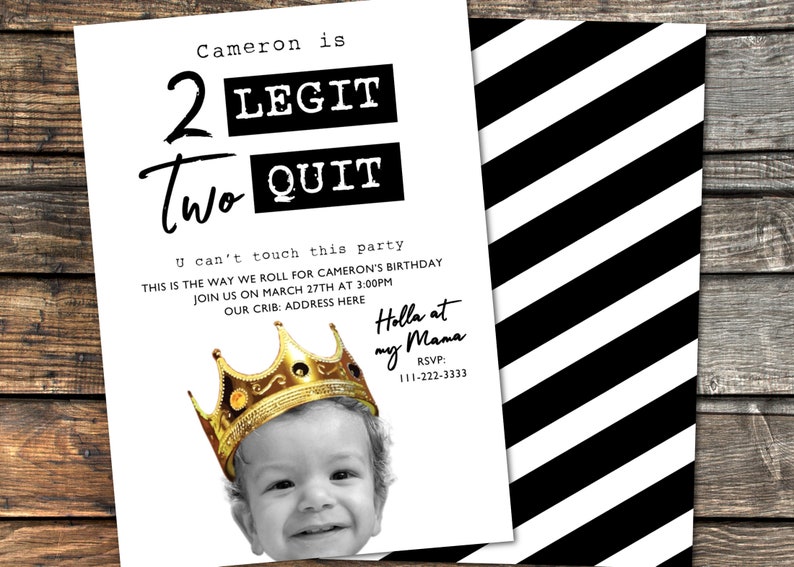 Two Legit Second Birthday, Two Legit To Quit 2nd Birthday Invite, 2 Legit 2 Quit, 90s Hip Hop Party Invitation, Personalized Photo Invite image 1