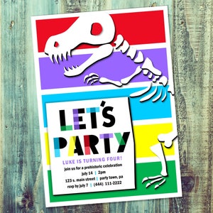 Dinosaur Fossil Birthday Invite - Dino Dig Invitation - Prehistoric Birthday Party Printable Invitation in Bright Rainbow Colors