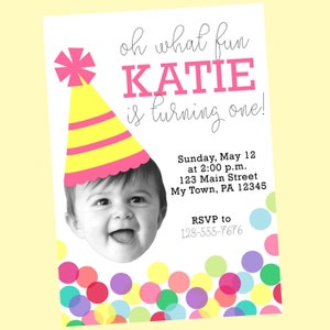 Baby Face Photo First Birthday Party Invitation with Confetti and Party Hat Design - Personalized Printable Digital File